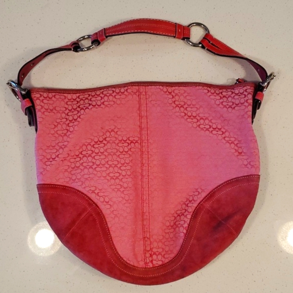 Coach Pink Suede Mini Signature Jacquard Adjustable Hobo Shoulder Bag Y2K Buckle